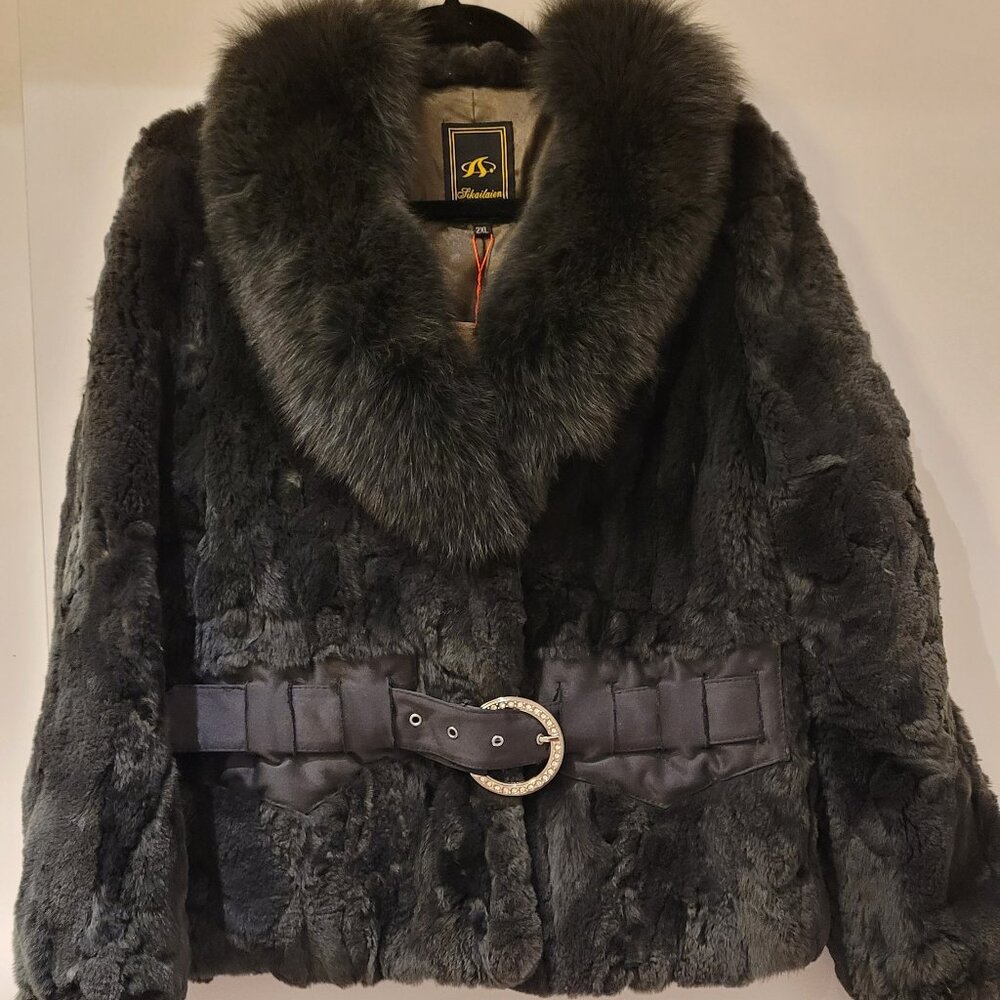 Deep Green Real Rabbit Fur Jacket with Large Fox Fur Collar